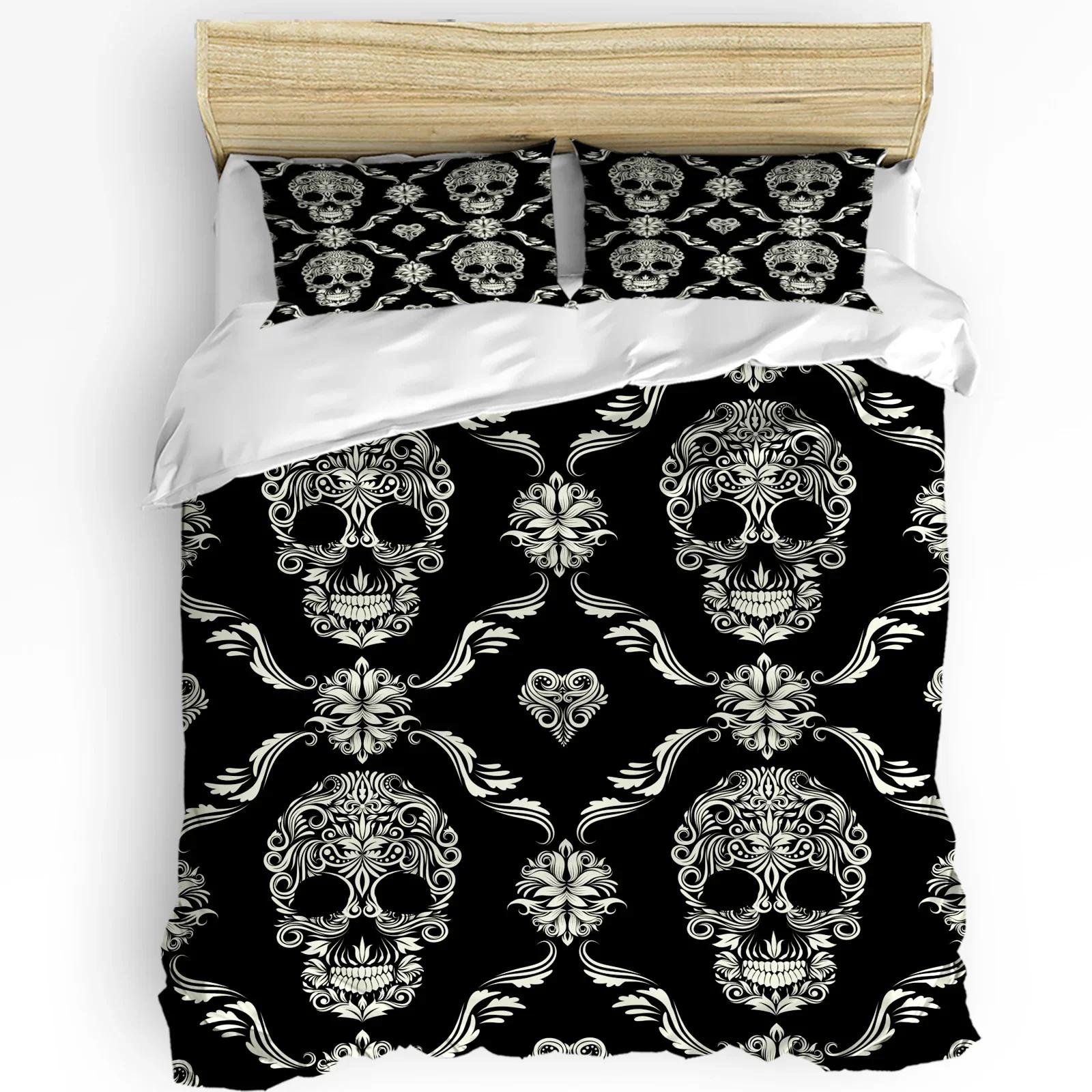 Halloween Flower Style Skull Paisley Black 3pcs Bedding Set For Double Bed Home Textile Duvet Cover Quilt Cover Pill